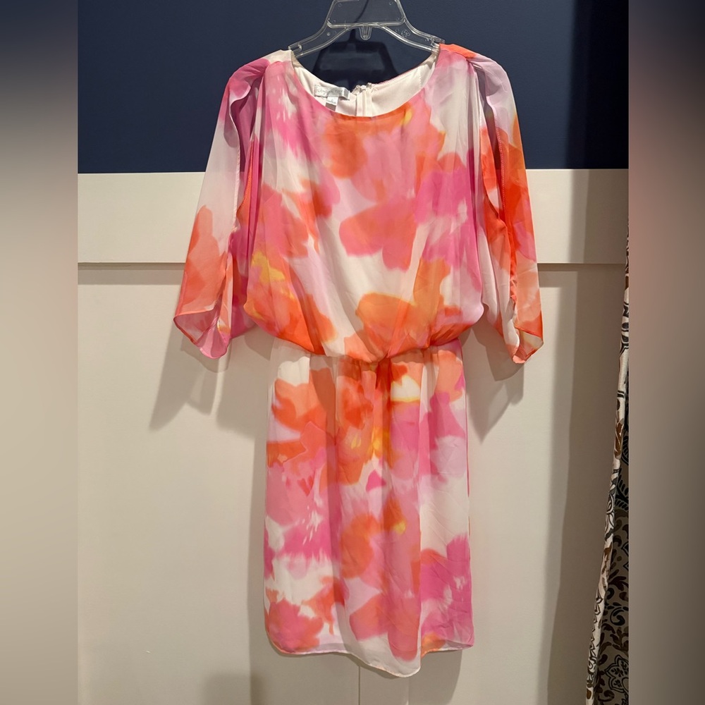 London Times Pink and Orange Floral Mini Dress w cutout sleeves NWOT Sz 8